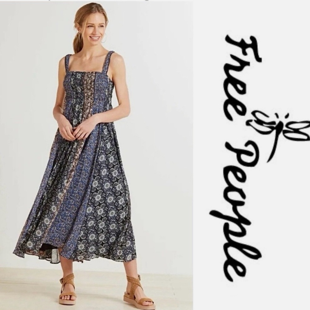 Free People Navy and Cream Patterned Maxi Dress